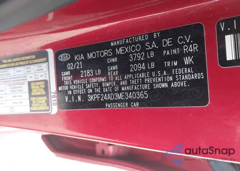 2021 Kia Forte Lxs z USA, uszkodzony, nr VIN 3KPF24AD3ME340365